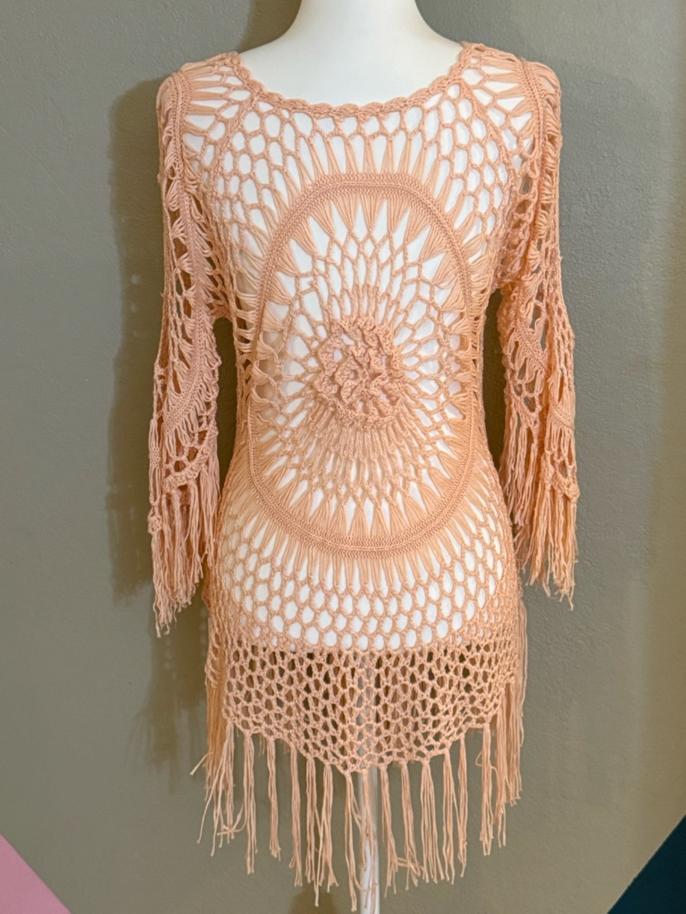 Cupshe Peach Crochet Fringe Swimsuit festival coverup - Picture 4 of 8